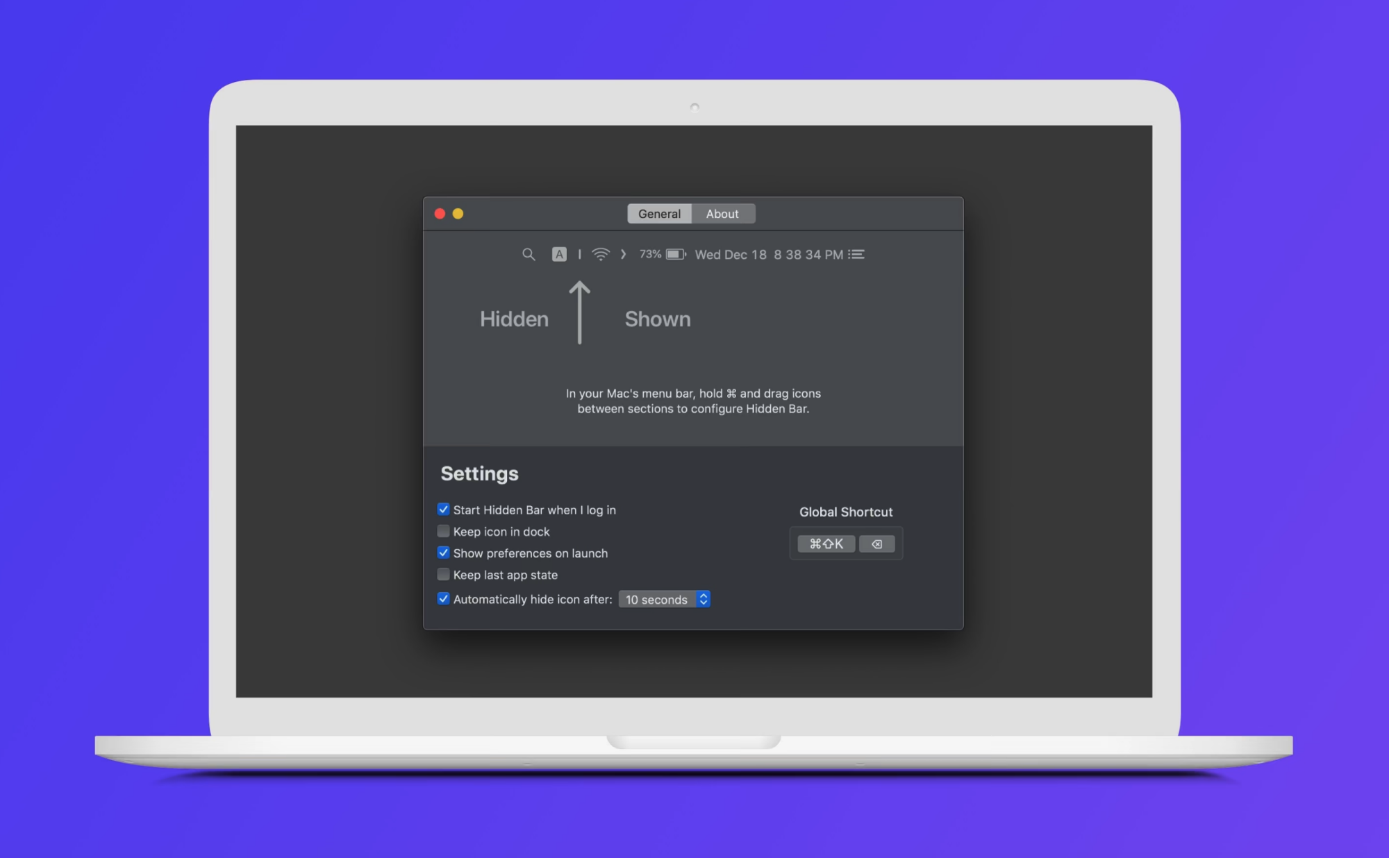 A screenshot of the Hidden Bar menu bar management app for Mac.