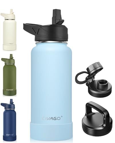 CIVAGO 32 oz Insulated Water Bottle With Straw, Stainless Steel Sports Water Flask Cup with 3 Lids (Straw, Portable Spout and Handle Lid), Double Walled Travel Thermal Canteen Mug, Light Blue