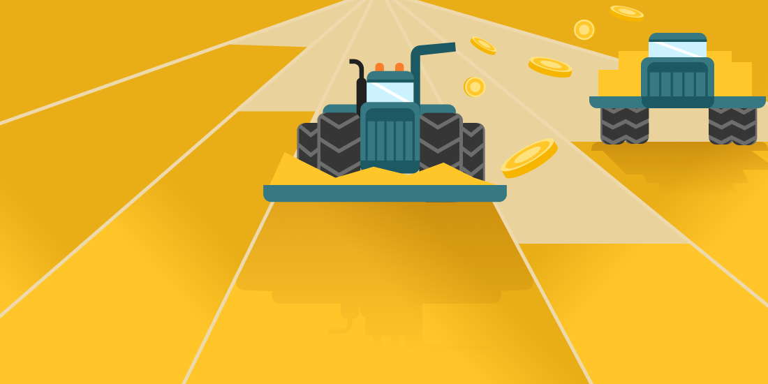 illustration of tractor harvesting coins