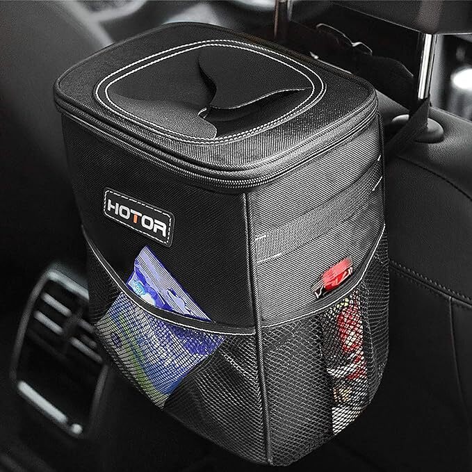 HOTOR Car Trash Can with Lid and Storage Pockets