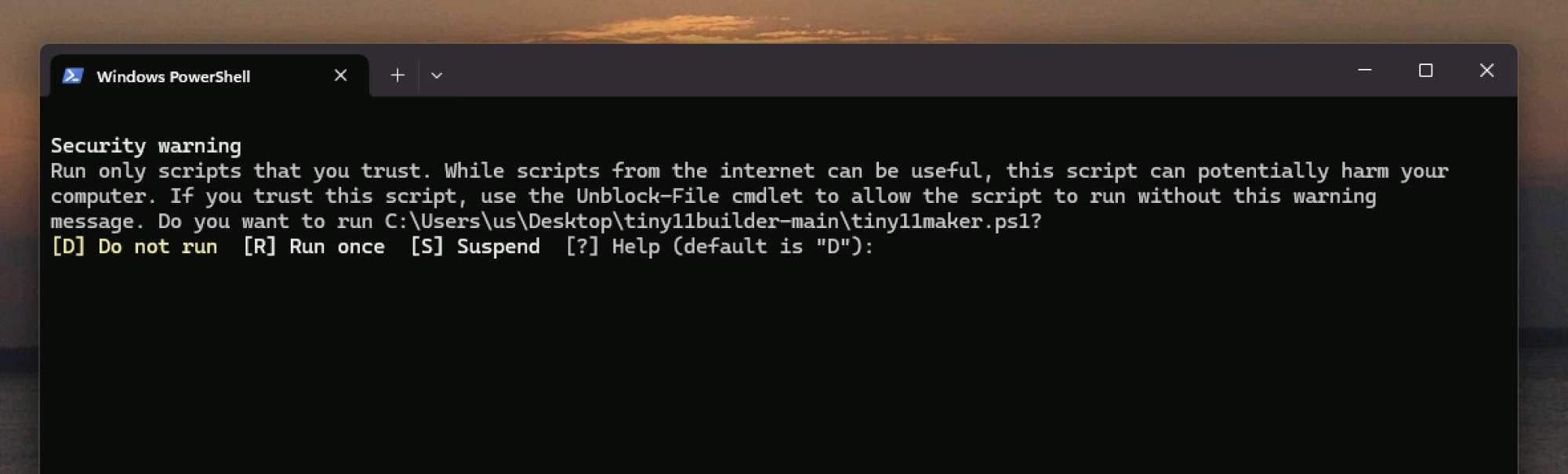 A warning in a PowerScript prompt. The text reads: Run only scripts that you trust. While scripts from the internet can be useful, this script can potentially harm your computer. 