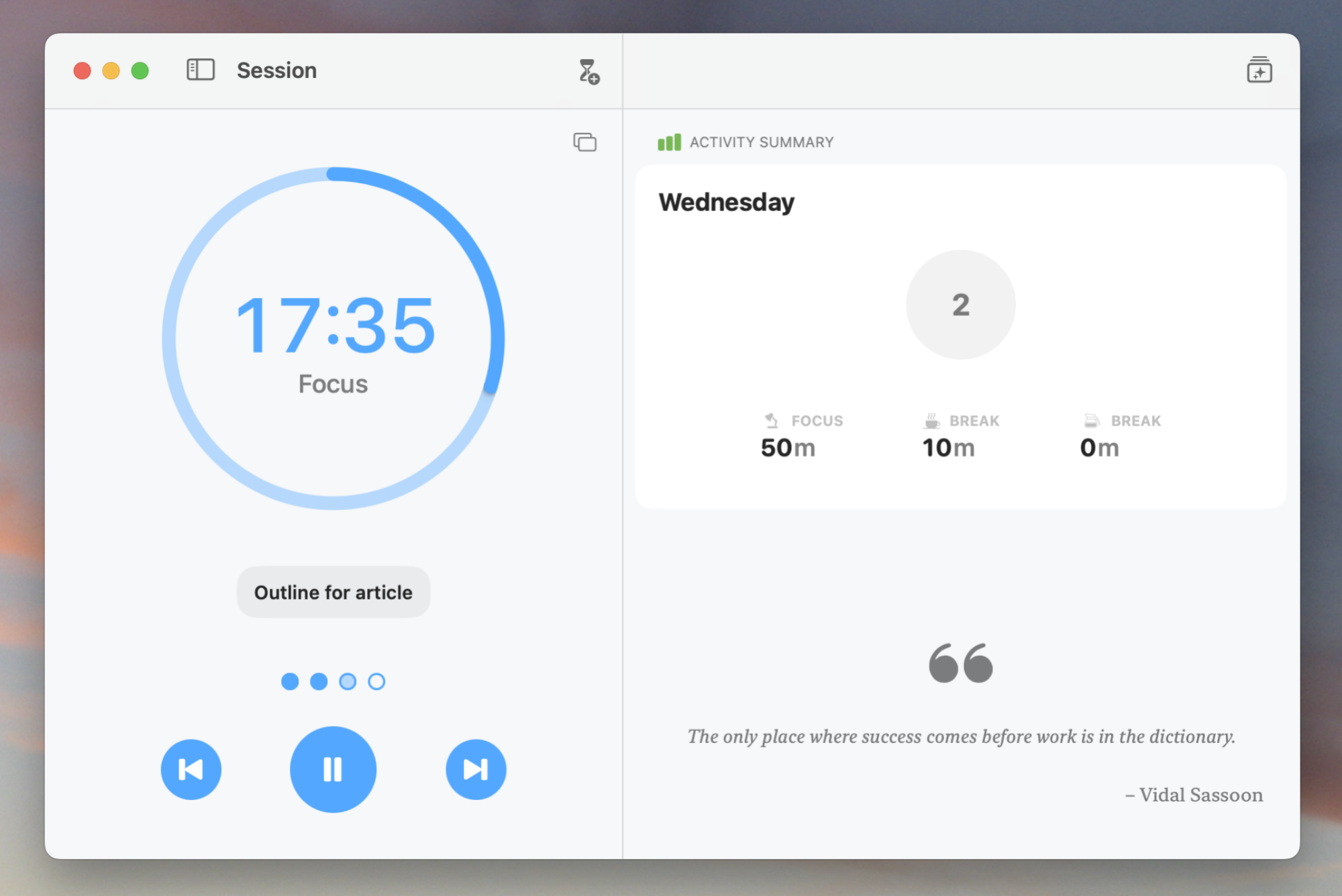 A screenshot of the Mac version of Focus Timer. In the left panel is the timer; in the right, a summary of my sessions and a random inspiring quote.