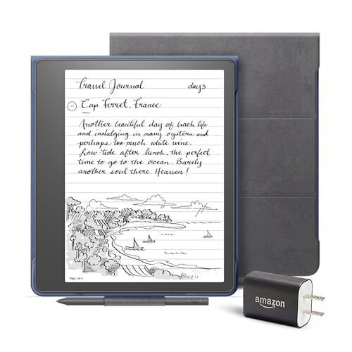 Kindle Scribe Essentials Bundle including Kindle Scribe (16 GB), Basic Pen, Brush Print Leather Folio Cover with Magnetic Attach - Storm Grey, and Power Adapter