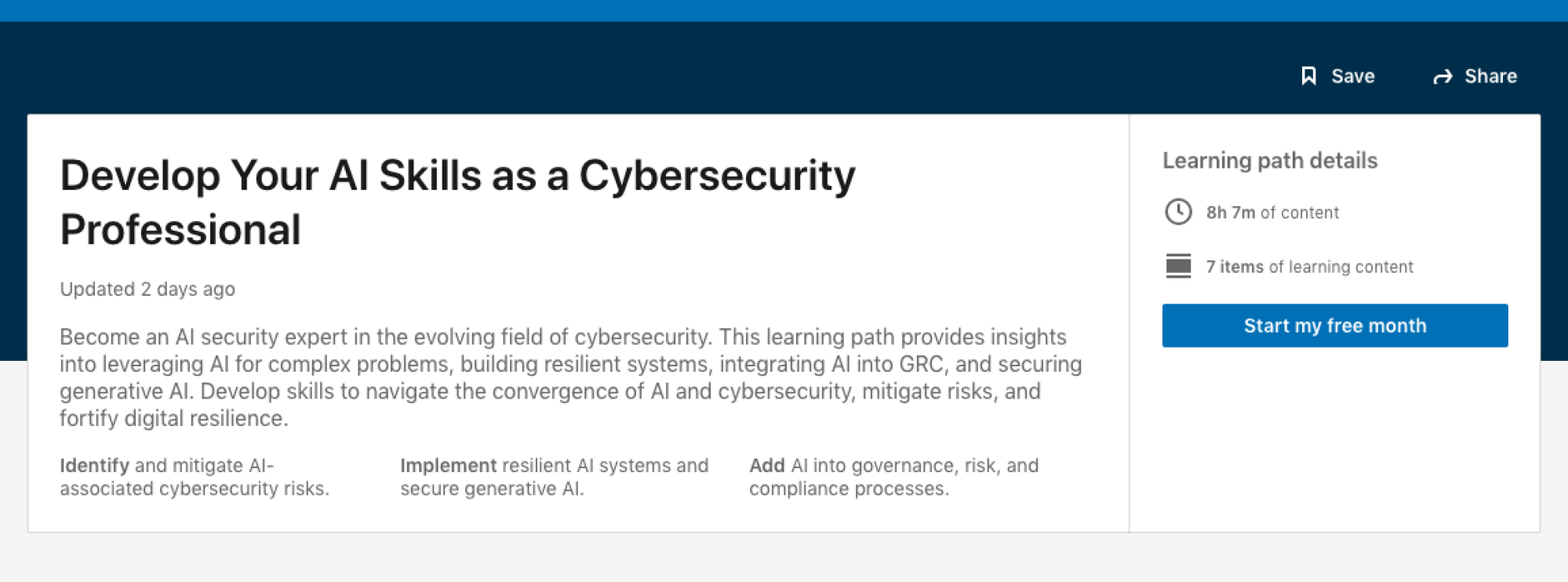 Screenshot of Develop Your AI Skills as a Cybersecurity Professional learning pathway on LinkedIn Learning