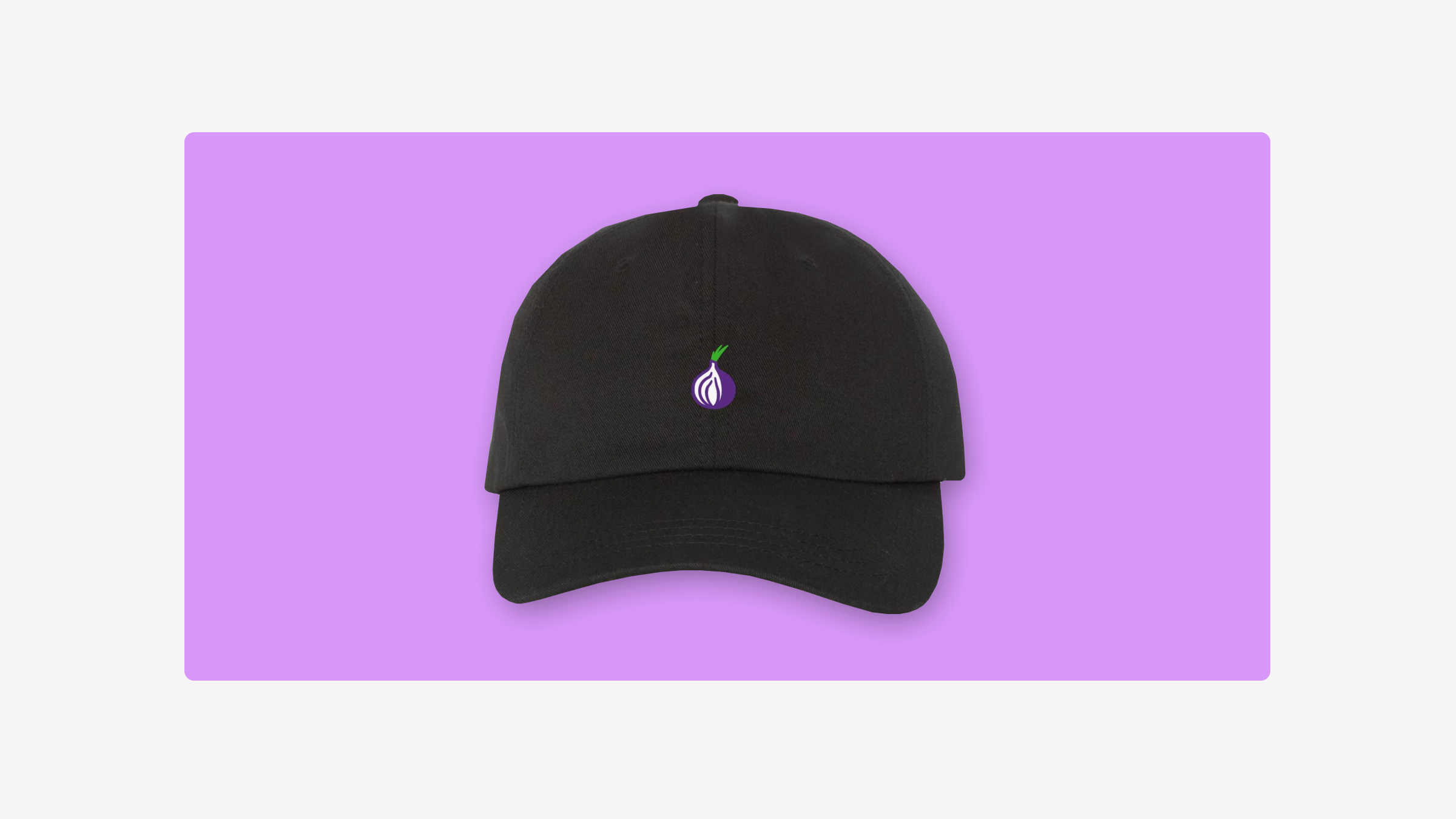 A picture of a black cap with an embroidered purple onion