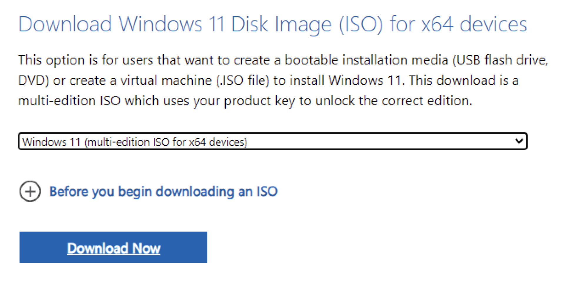 Screenshot of the Microsoft website for downloading Windows, specifically the Download Windows 11 Disk Image section.