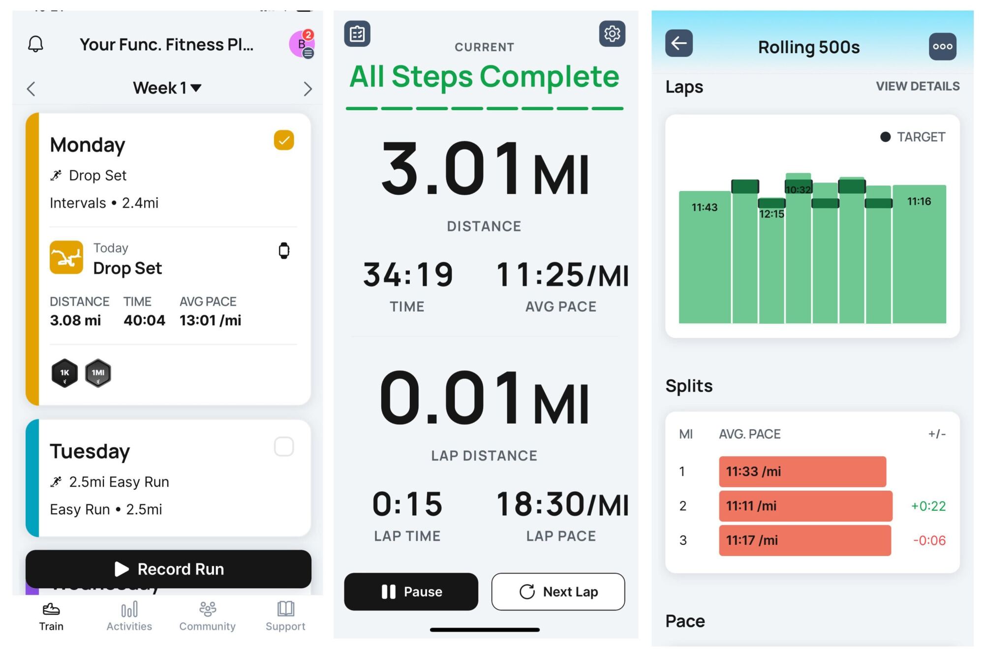 Runna activity screen, in-run screen, results after run