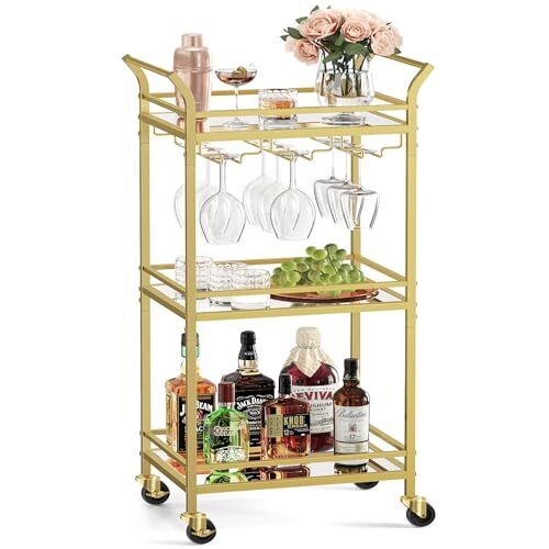 VASAGLE Bar Cart, Home Bar Serving Cart, Small Bar Cart with 3-Tier Shelf, Wine Holders, Glass Holders, Mini Bar Cart for Small Spaces, Kitchen, Dining room, Living Room, Pale Gold