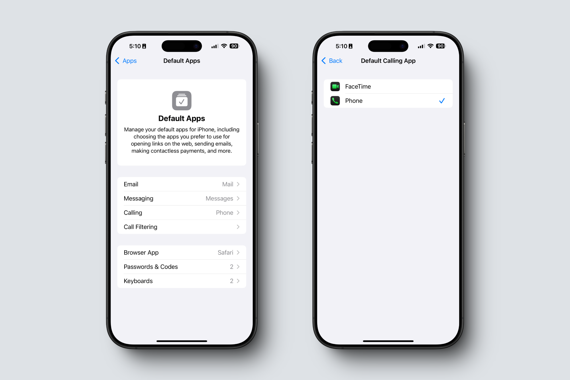 Setting default apps for calling and messaging in iOS 18.2.