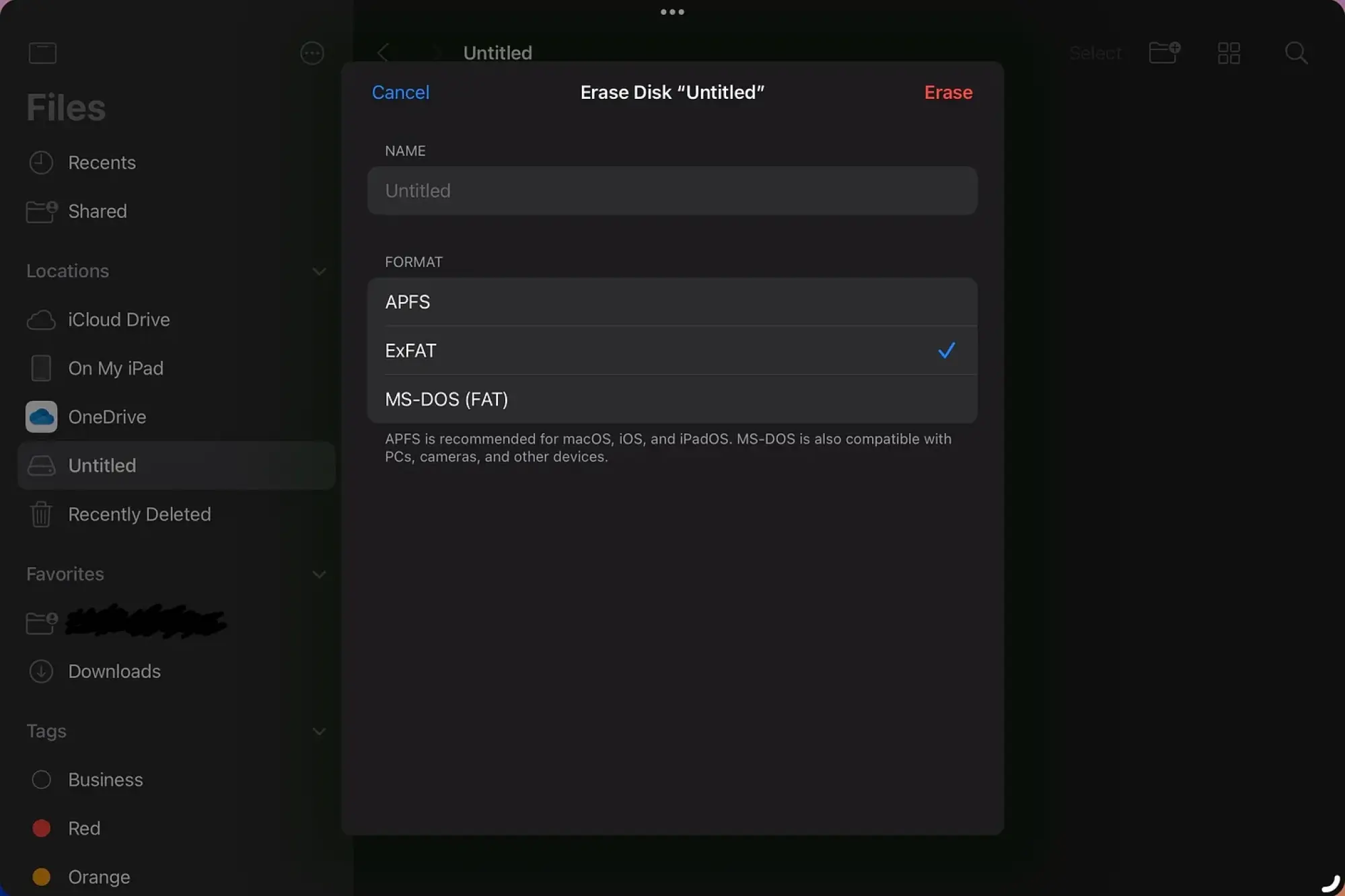 An image of the disk formatting options in iPadOS 18.