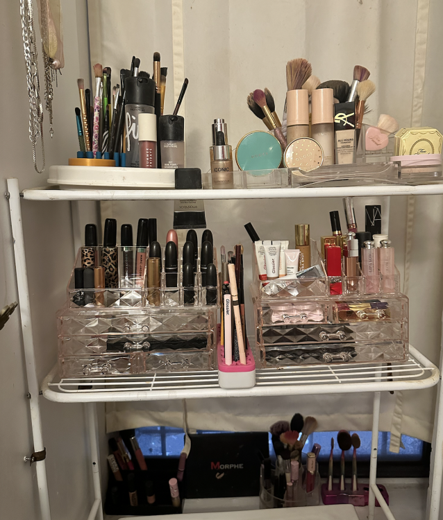 Makeup organized on a shelf