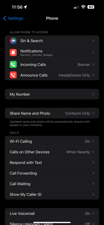 iOS Phone settings list