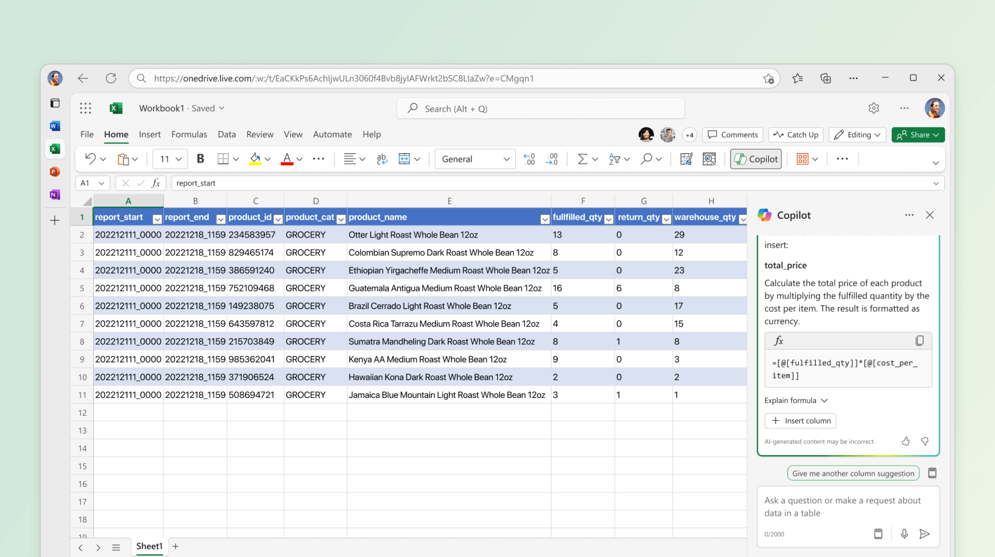 asking Copilot to generate formulas