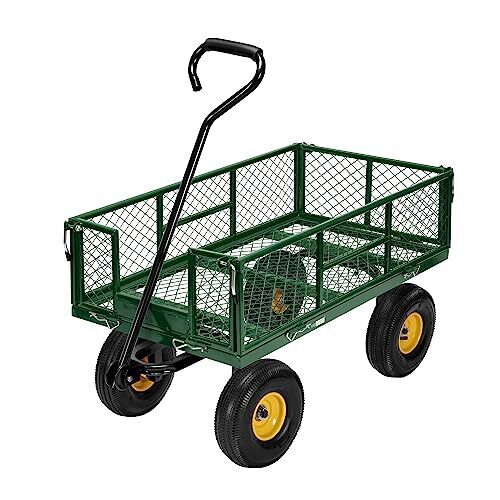 VIVOHOME Heavy Duty 880 Lbs Capacity Mesh Steel Garden Cart Folding Utility Wagon with Removable Sides and 4.10/3.50-4 inch Wheels (Green)