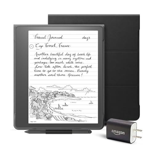 Kindle Scribe Essentials Bundle including Kindle Scribe (64 GB), Premium Pen, Leather Folio Cover with Magnetic Attach - Black, and Power Adapter