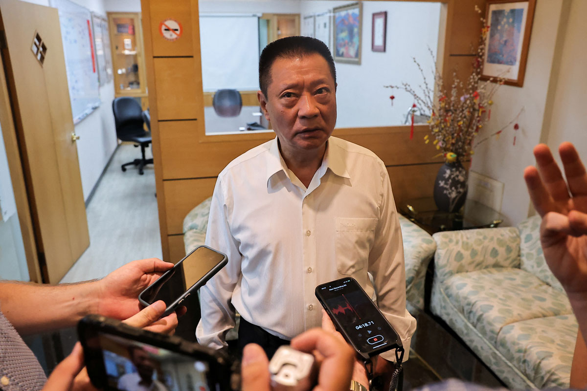 A photo showing Hsu Ching-kuang, founder and president of Gold Apollo, speaks to the media at their office in New Taipei City, Taiwan. This photo was taken by Ann Wang on September 18, 2024.