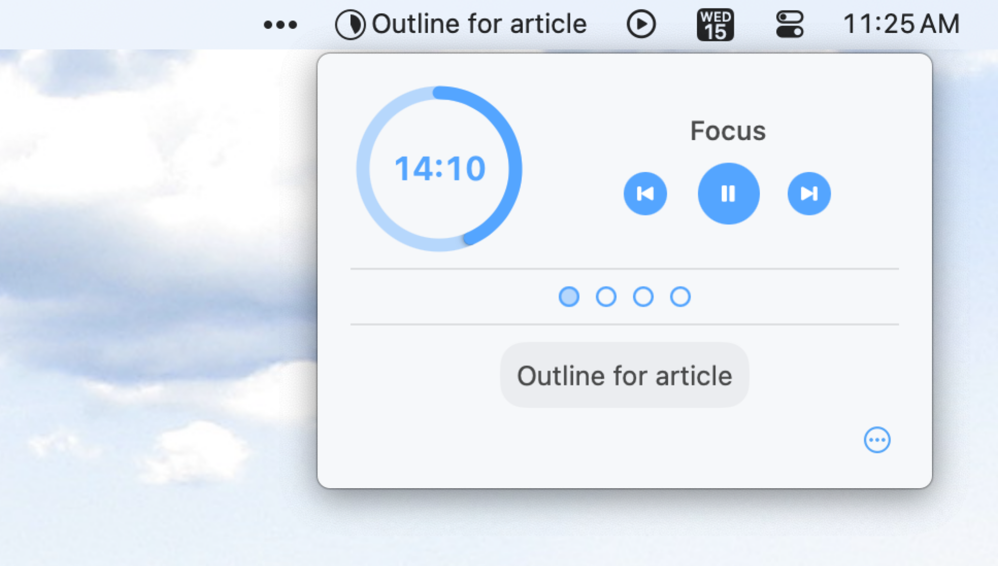 The menu bar icon for Focus Timer shows the current task. You can click it to see the timer. 