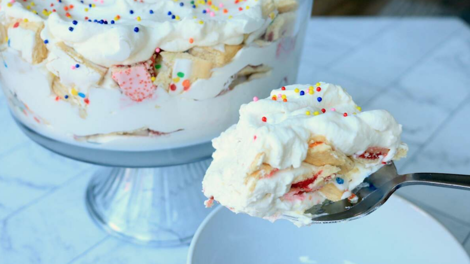 A spoon scooping a Pop-Tart trifle.