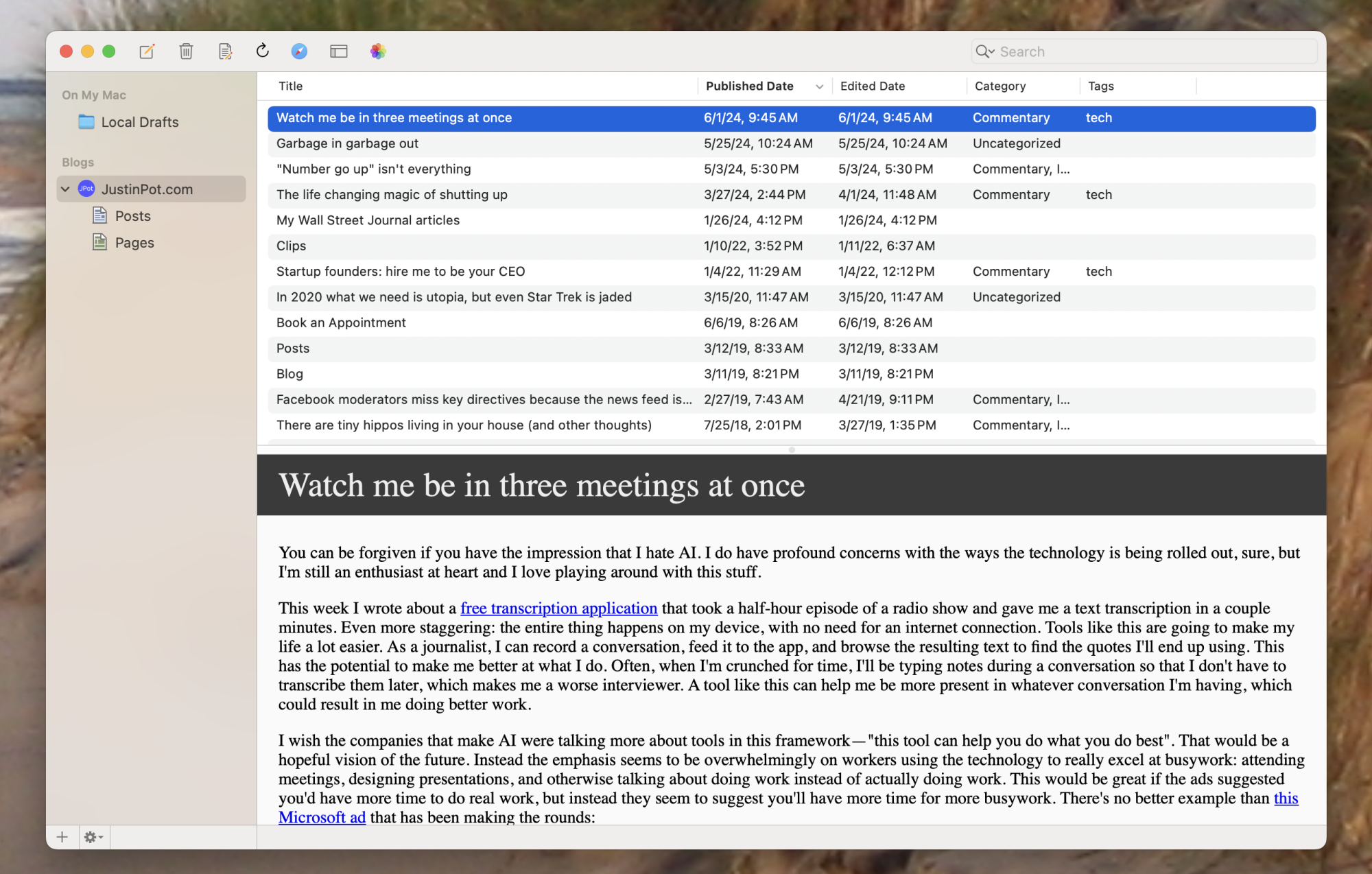 A screenshot of the main window for MarsEdit, which is a list of posts arranged in a manner similar to Mac Mail.