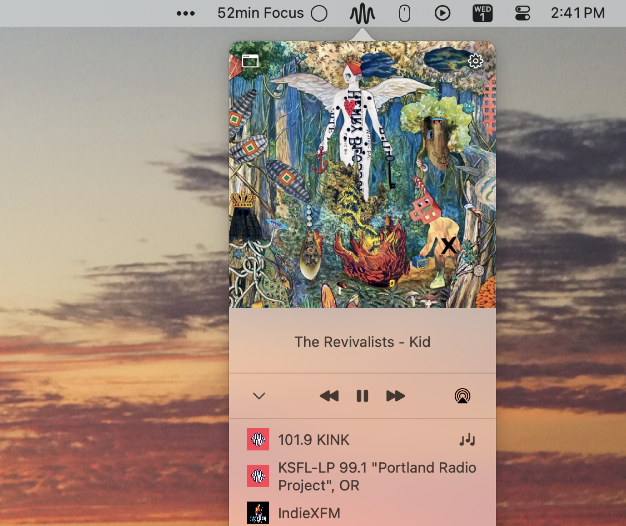 A screenshot of Eter on Mac, running from the menu bar. The currently playing station is KINK; the currently playing song is Kid by The Revivalists.