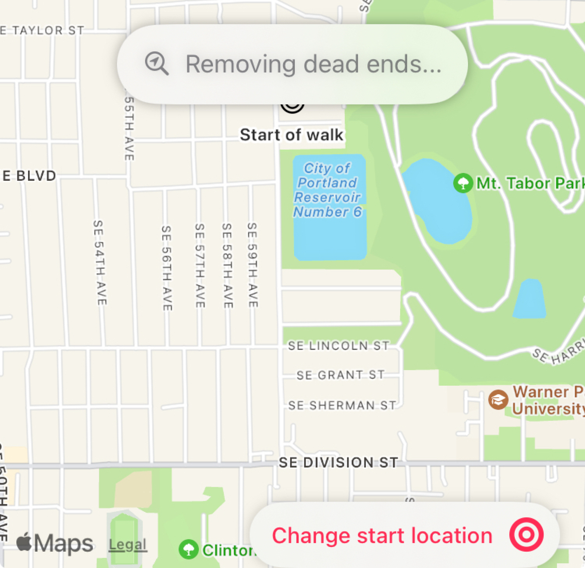 A map showing a random part of Portland I scrolled to. The textremoving dead ends shows up in a bubble.